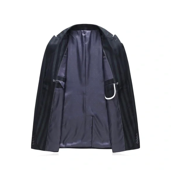 Mens 2 Piece Suit Slim Fit Stripe Tuxedo Blazer Pants Set - Picture 4 of 7